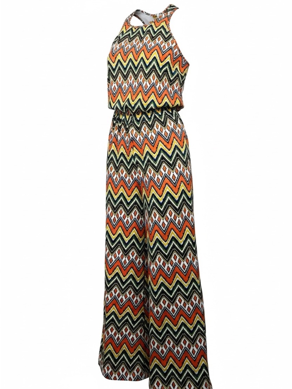 Magic Chevron-Print Halter Wide-Leg Jumpsuit in Orange, Green & Black